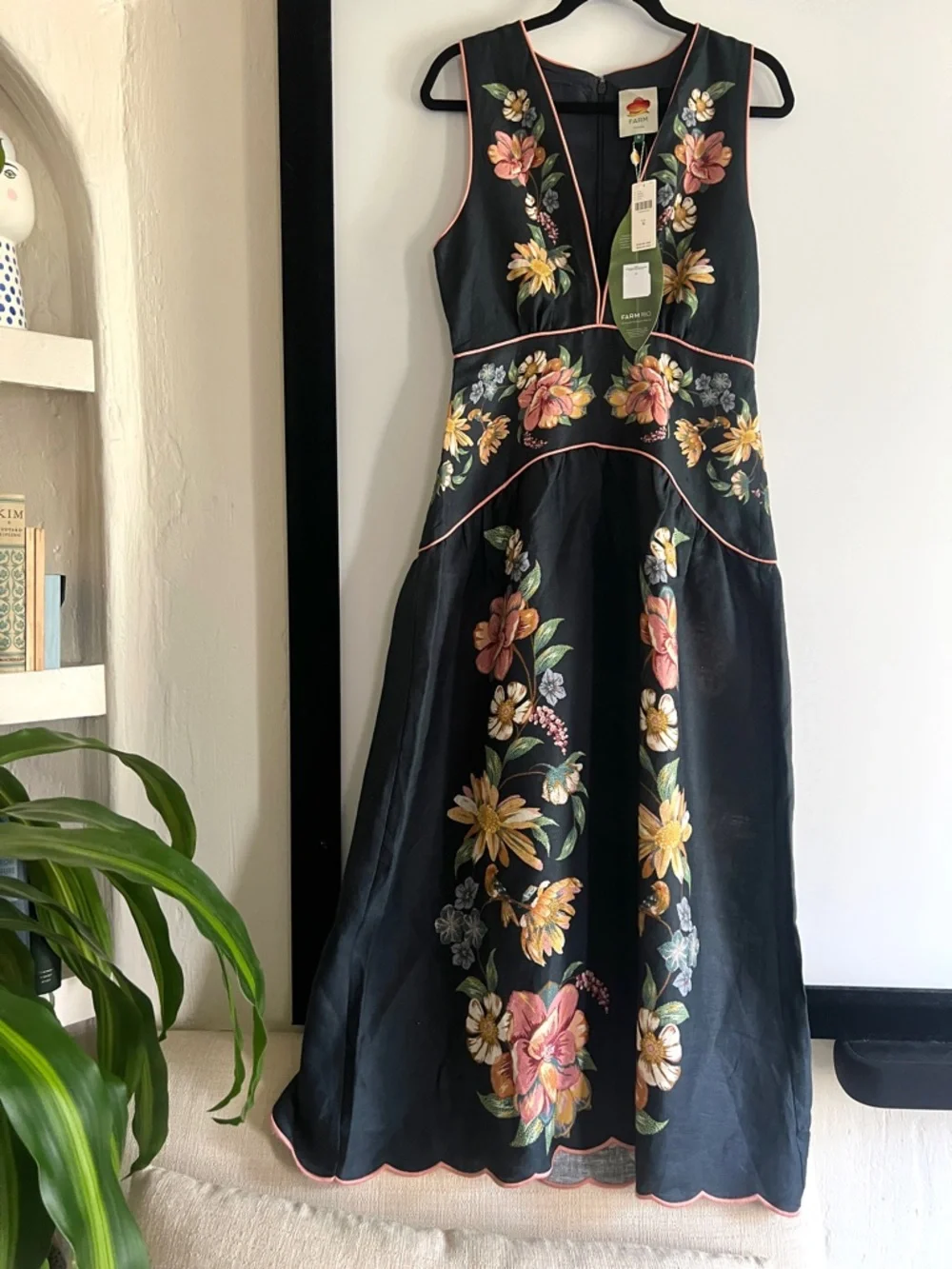 FARM Rio Maira Floral Dark Blue Linen Midi Dress Size Medium NWT - Picture 9 of 16